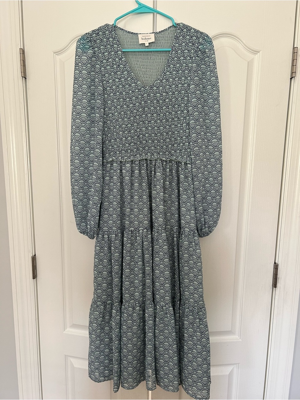 Bohme Blue Smocked Midi Dress Size Small Long Sleeve